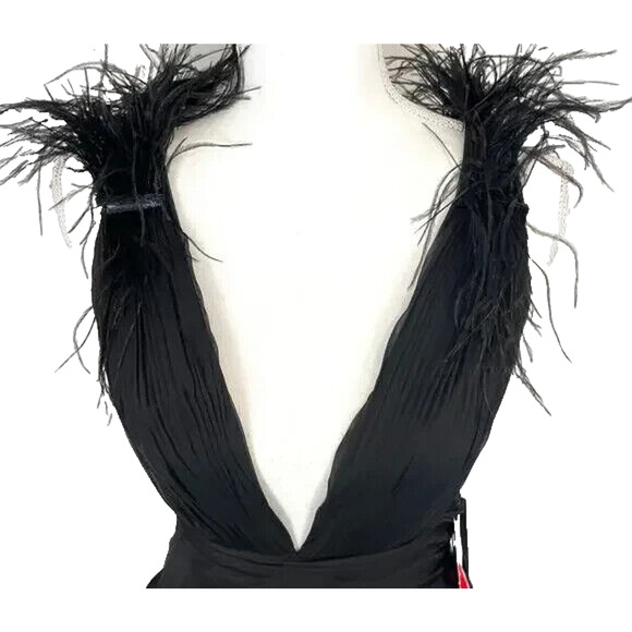 NWT Mac Duggal PLUNGE NECK OSTRICH FEATHER LACE OPEN BACK GOWN BLACK SZ 4 - Picture 6 of 7